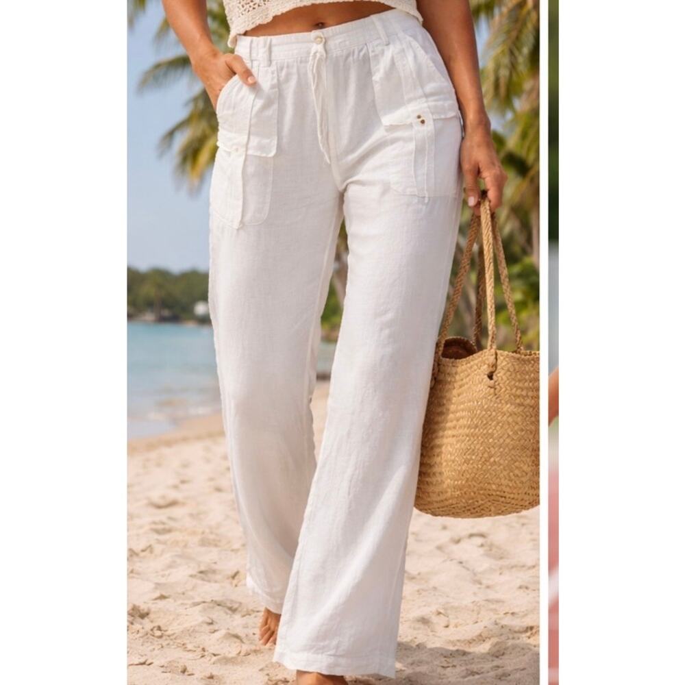 White Cotton Wide Leg Cargo Pants Drawstring Waist 
Size L